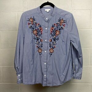 Westport 1962 Women's Casual Embroidered Long Sleeve Blouse Large Blue Stripes